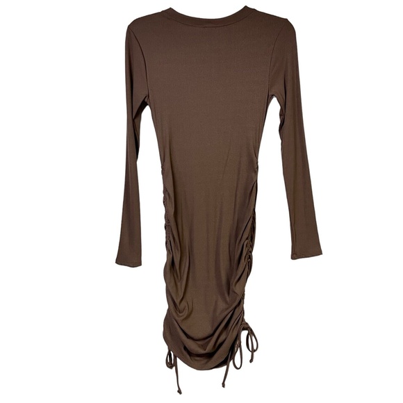 By Together Bodycon Mini Dress Brown Ribbed Ruched Long Sleeve Trendy‎ Sexy New - Picture 4 of 10